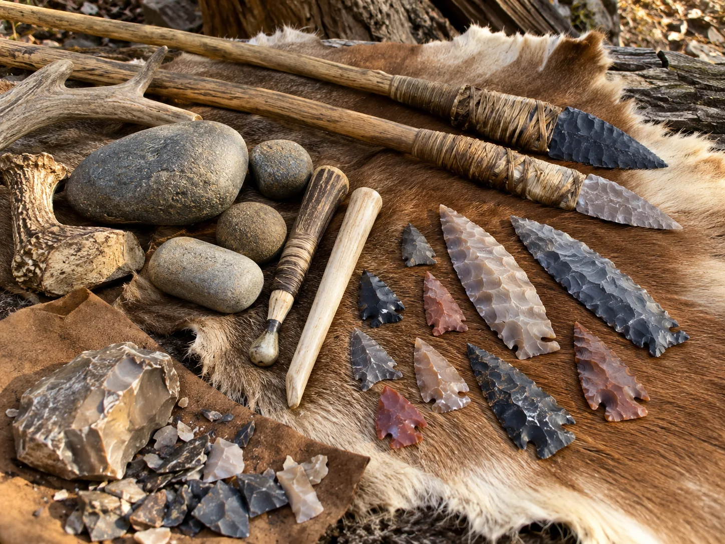 Flaked stone points and knapping tools displayed on an animal hide
