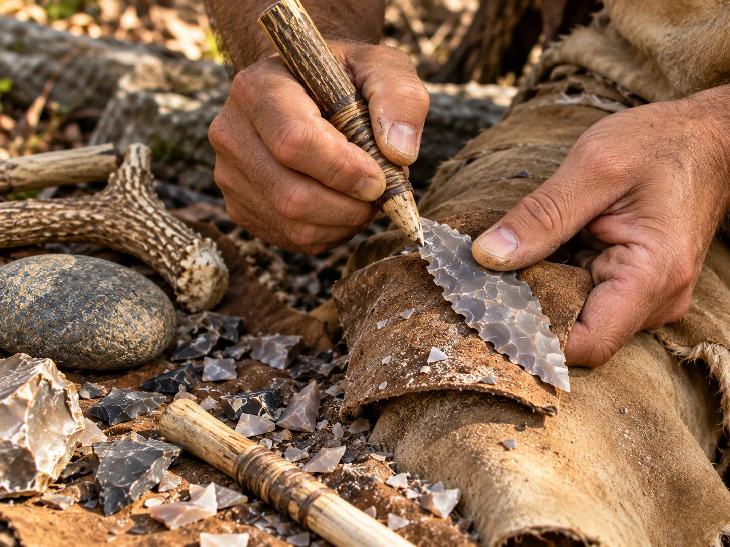 Hands working with a pointed flaking tool along the edge of a stone spear point
