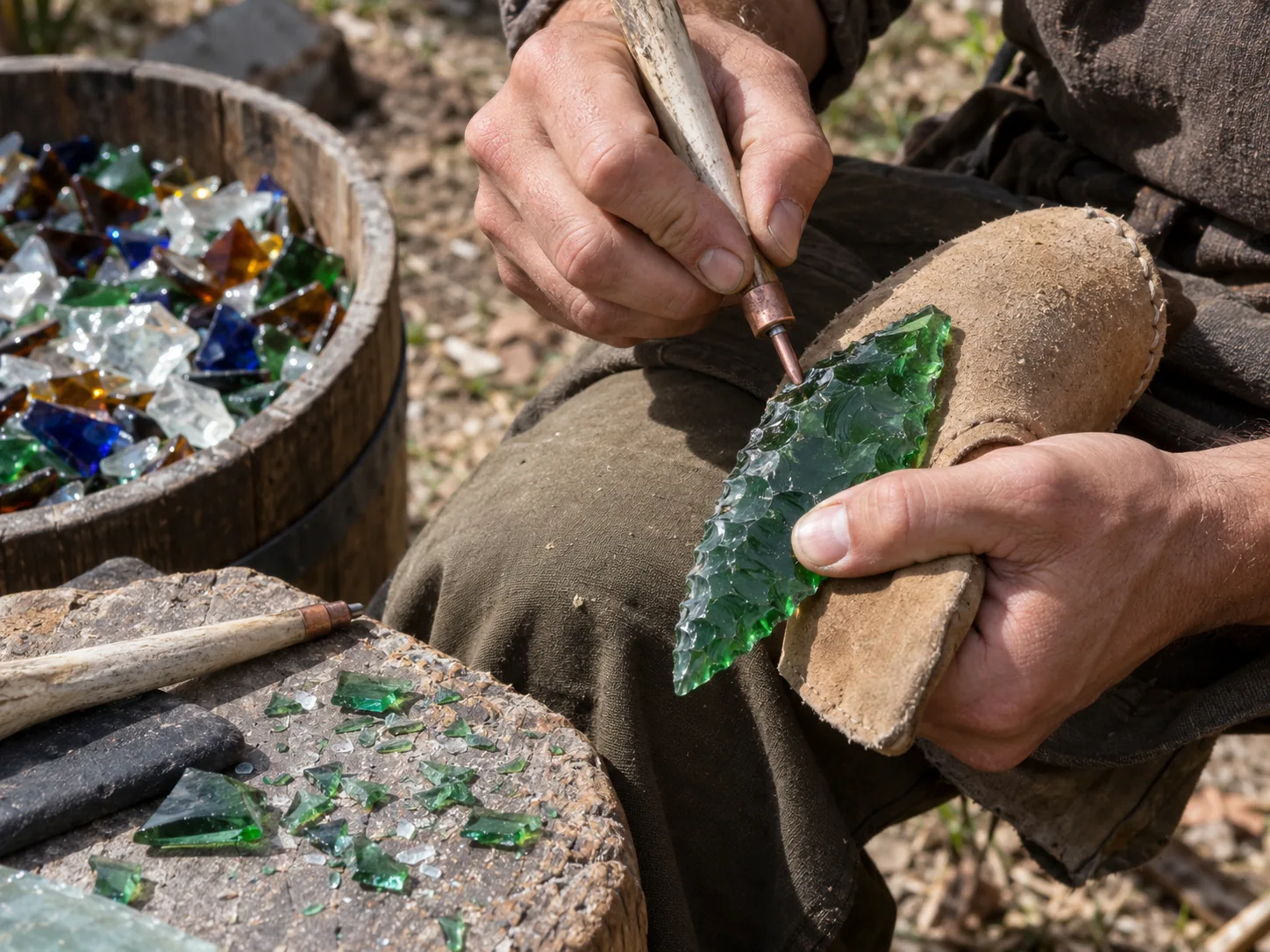 Hands shaping a green glass point, beside a barrel of colored glass shards