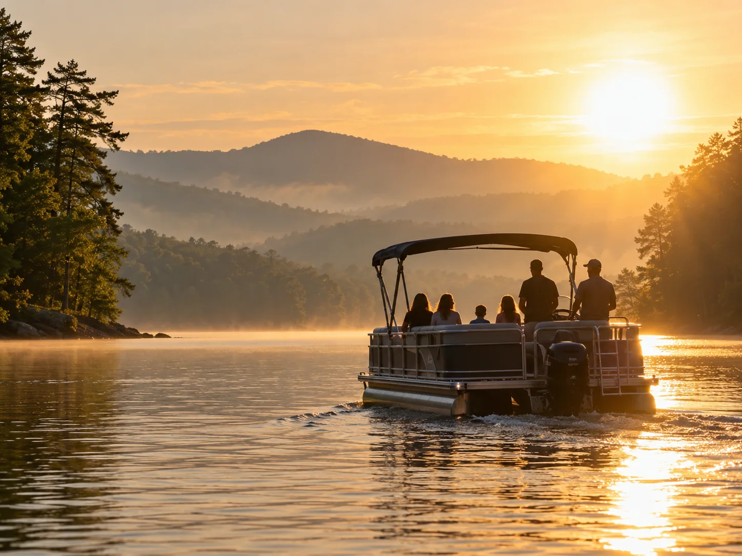 Pontoon boat with a family silhouetted against a sunrise on a mountain lake
