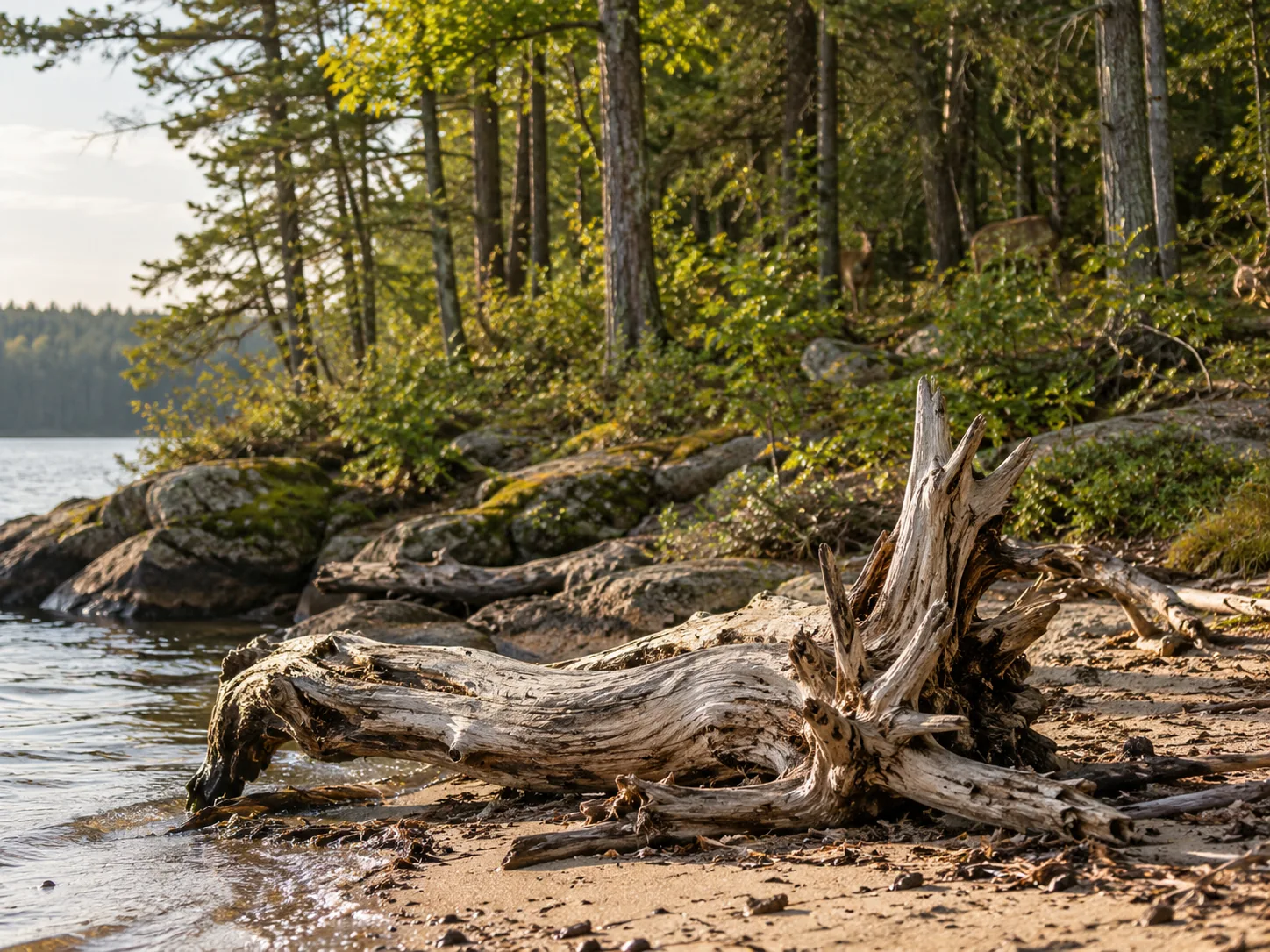Driftwood on the edge of a wooded lake island, with two deer faintly visible