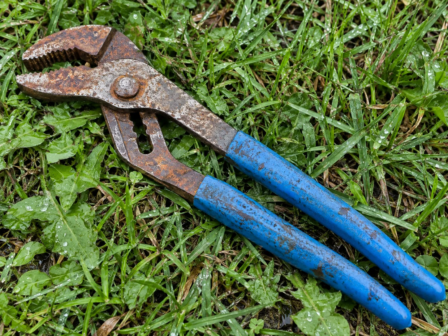 Rusty blue-handled tongue-and-groove pliers in wet grass