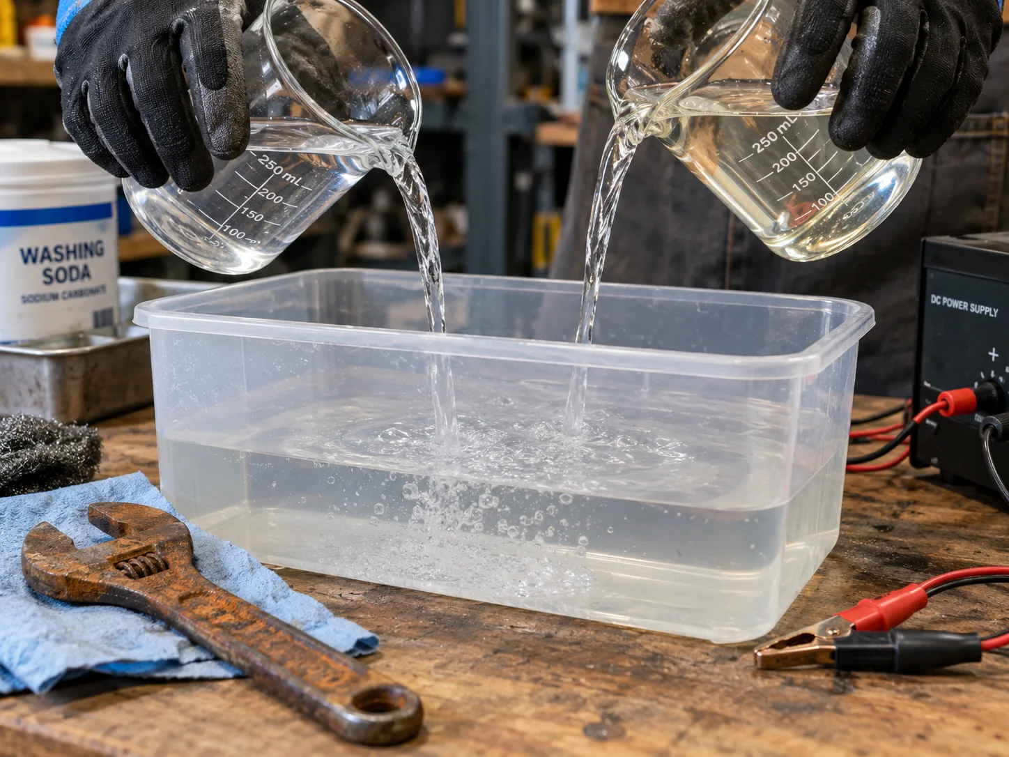Gloved hands pouring solutions in a workshop with a power supply in view