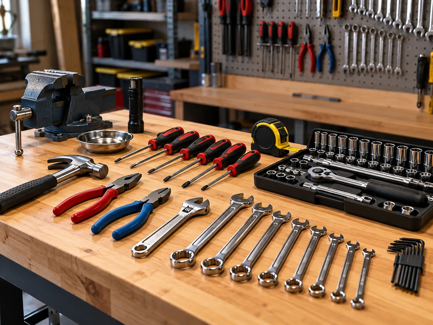 Clean hand tools organized on a wooden workbench