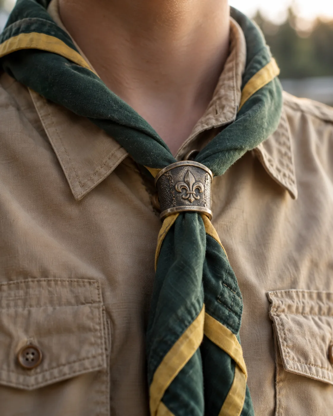 Close-up of a green-and-gold Scout neckerchief and slide, without a face