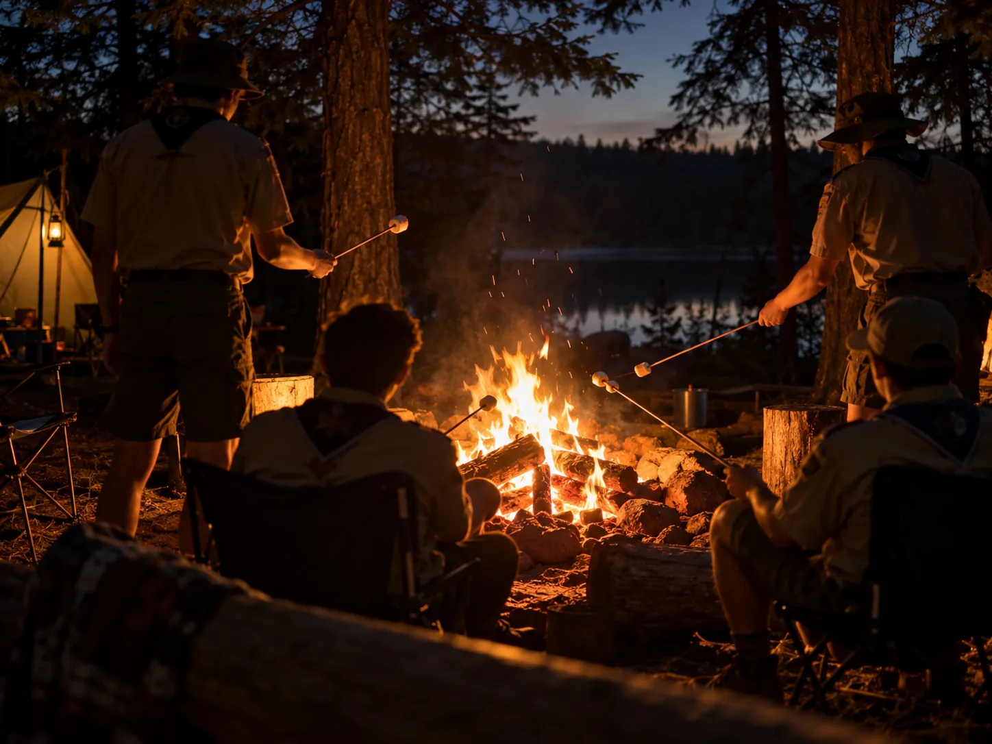 Scouts seen from behind by a campfire at night, roasting marshmallows