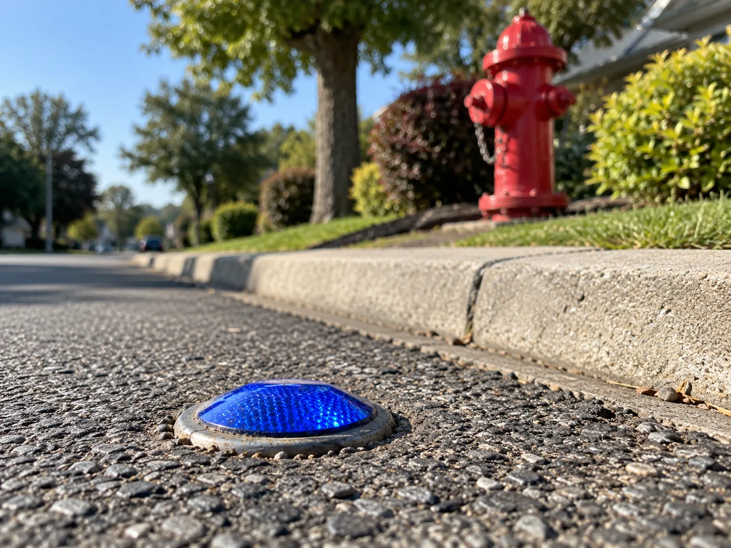 Blue raised roadway reflector with red hydrant in the background