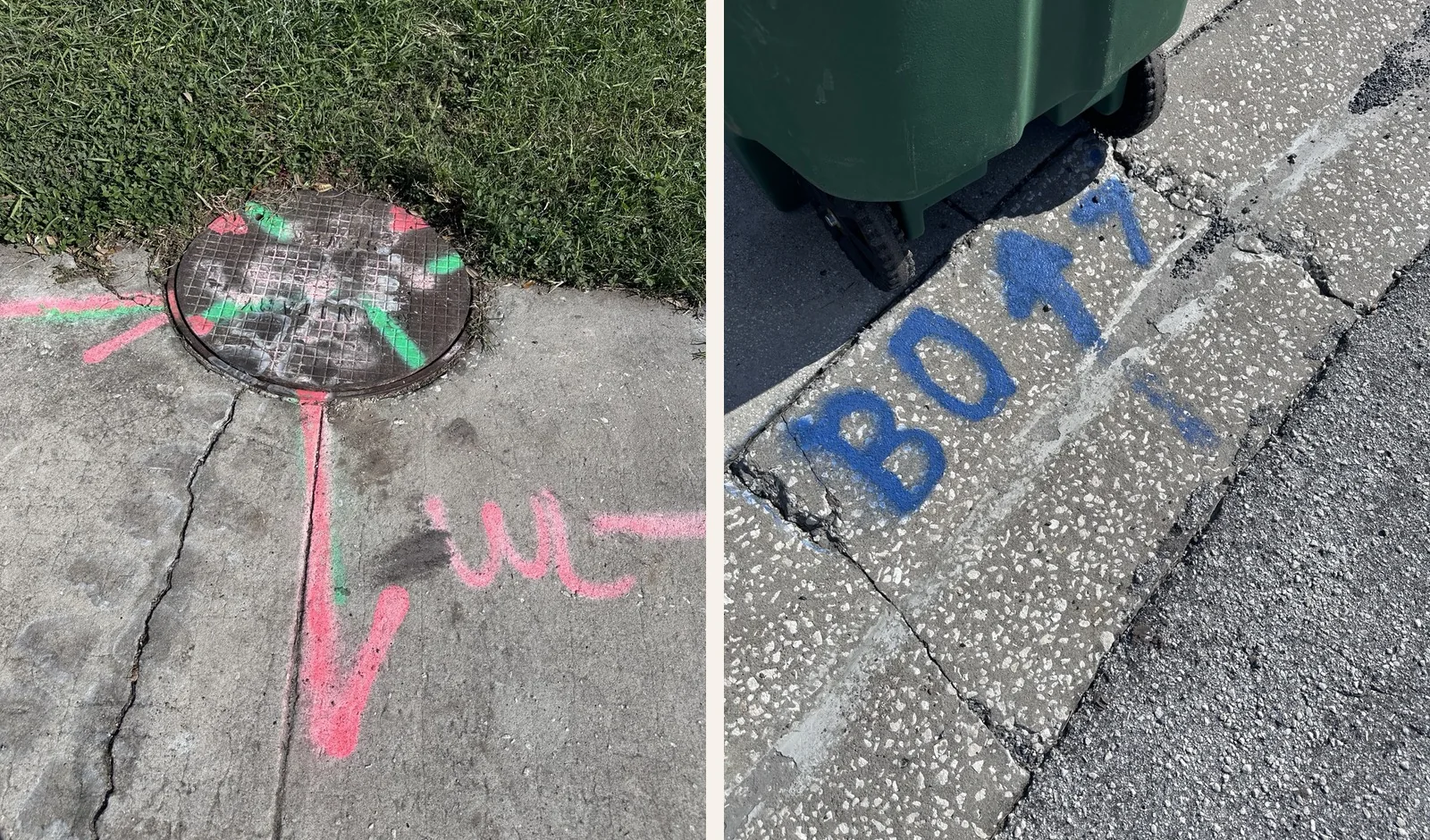 Collage of two of Billy’s photographs of colored spray-paint markings