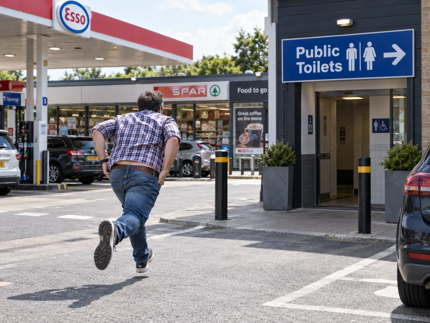 Man running toward a gas station public toilets sign