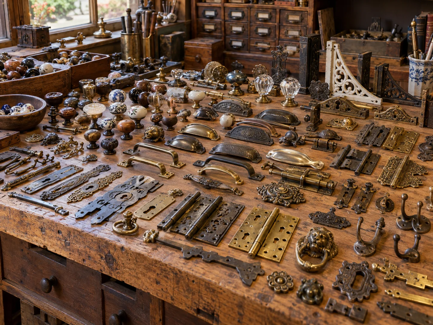 Illustrative collected-hardware workshop scene.