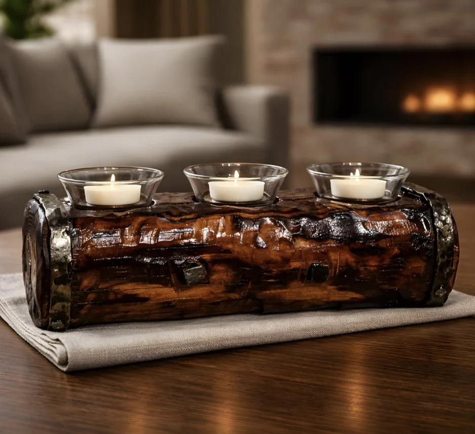 Illustrative rustic wooden candleholder and warm finished wood.
