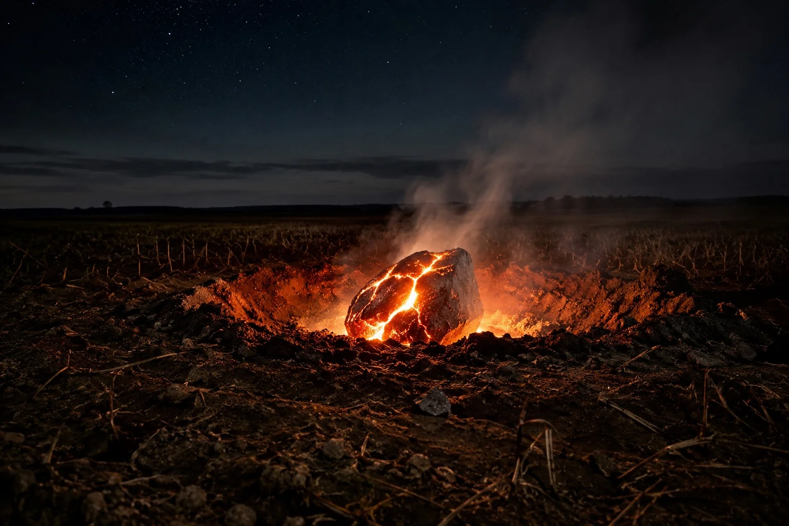 Illustrative reconstruction: a meteorite arriving on an ancient landscape, not an actual historical photograph.