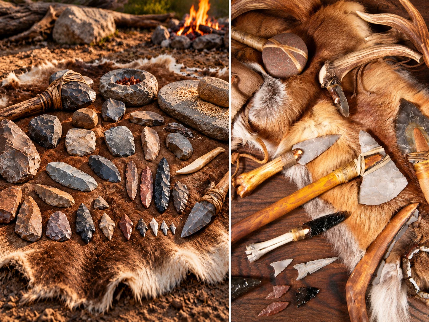 Illustrative composite of early stone tools and their construction.
