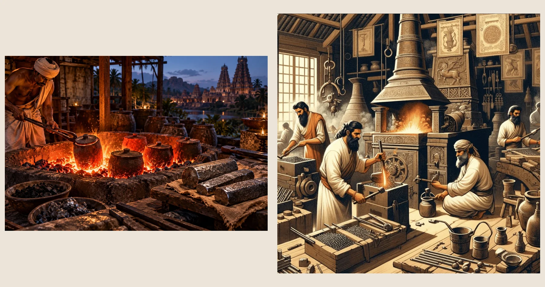 Illustrative paired reconstructions of historical metalworking and Indian crucible steelmaking.