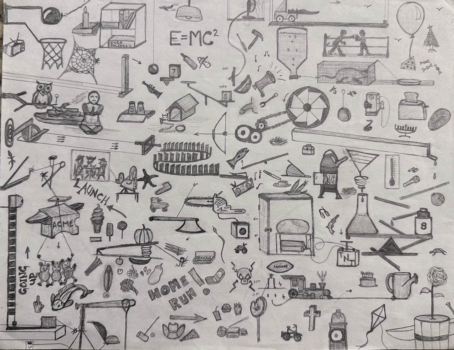 Billy’s original Rube Goldberg-inspired pencil drawing.