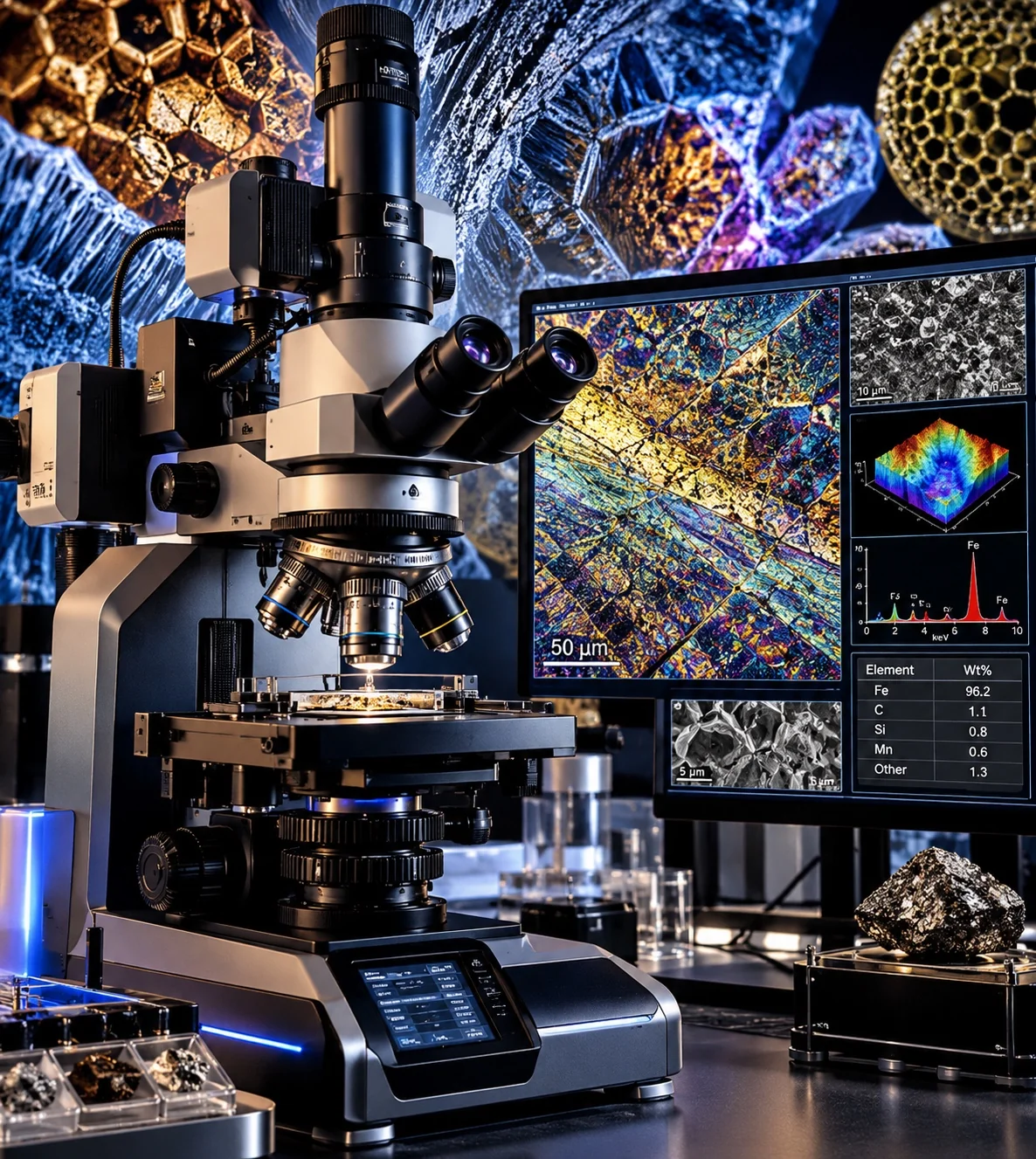Illustrative microscope imagery showing microscopic patterns and unexpected visual beauty.