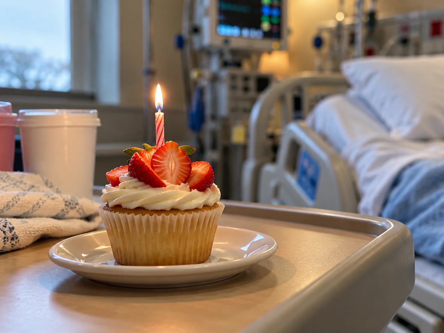Illustrative reconstruction of the strawberry cupcake and candle in a hospital room.