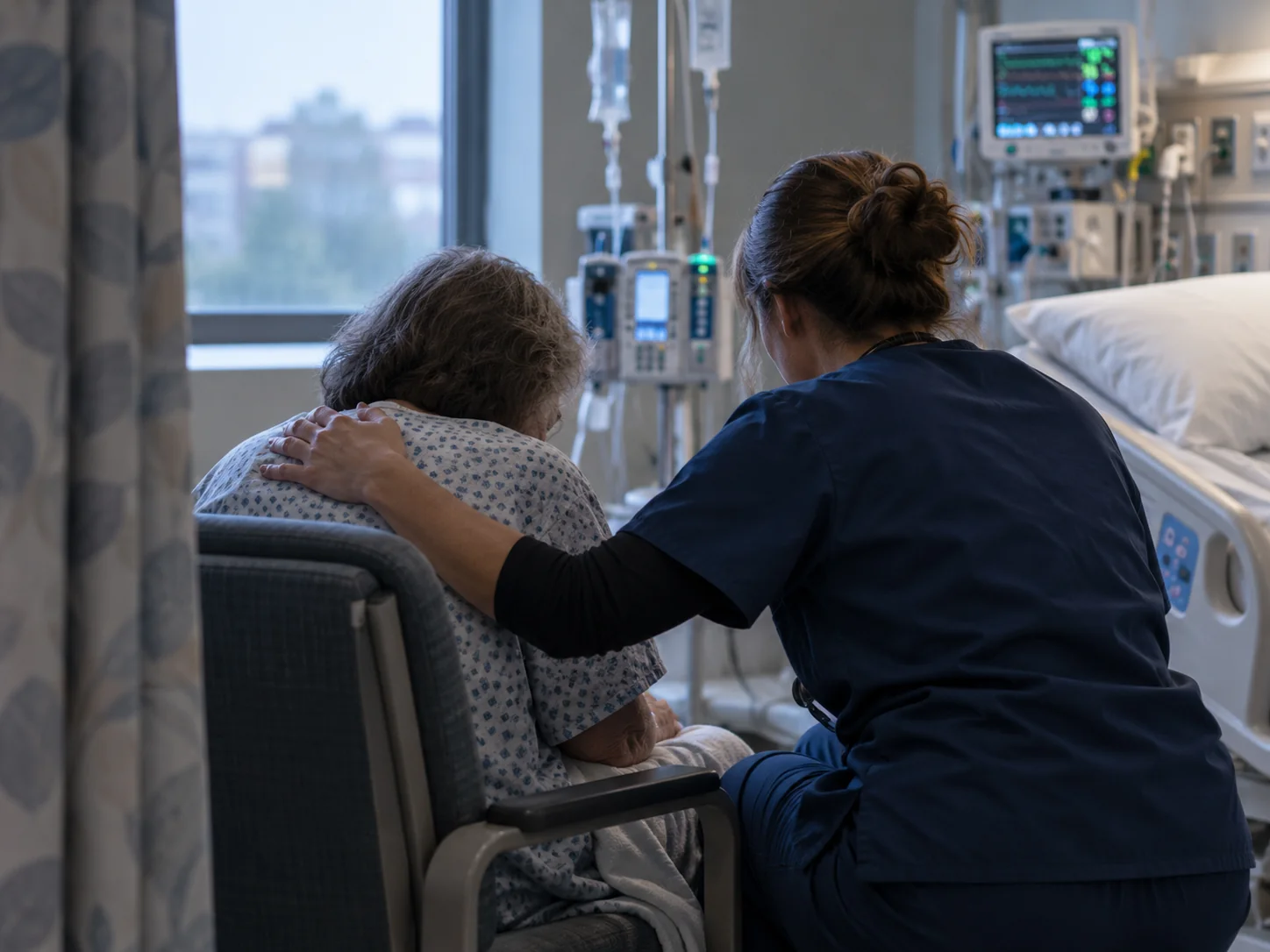 Illustrative scene of a healthcare professional quietly comforting a patient.