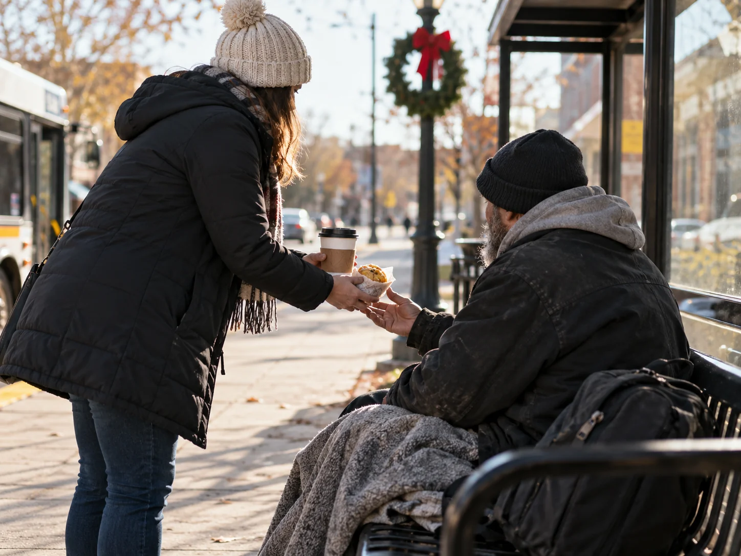 Illustrative scene of kindness shared between people in the community.